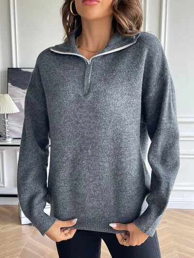 Richelle Half Zip Dropped Shoulder Sweater Cashmere Blend Cotton Blend Poly Blend