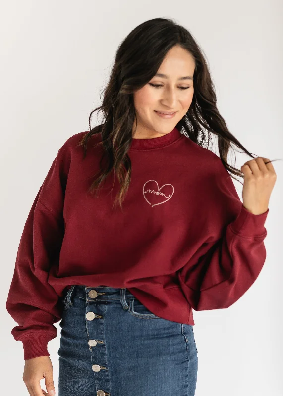 Embroidered Love Mom Crewneck Sweatshirt - FINAL SALE Hoodie with Snap Buttons Easy Quick