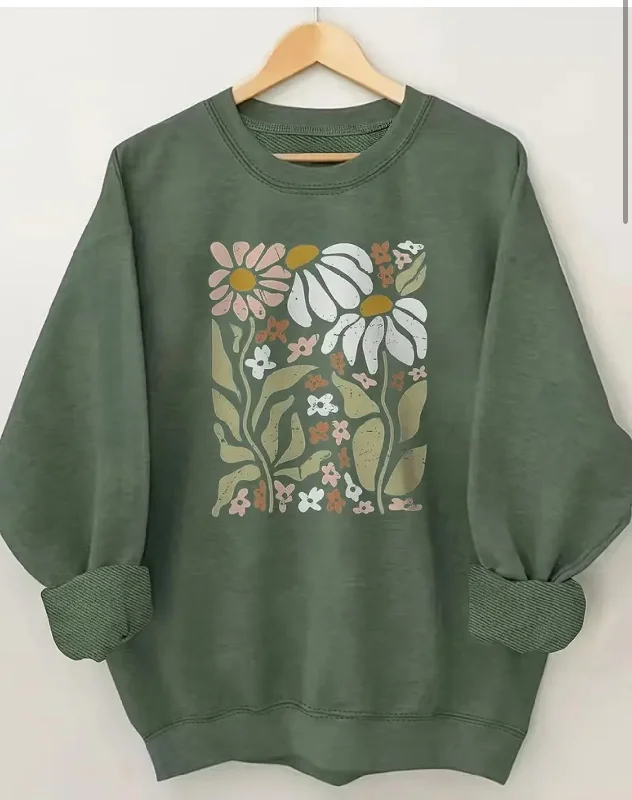 Green Field Of Flowers Plus Crew Neck Pullover Mock Neck Pullover