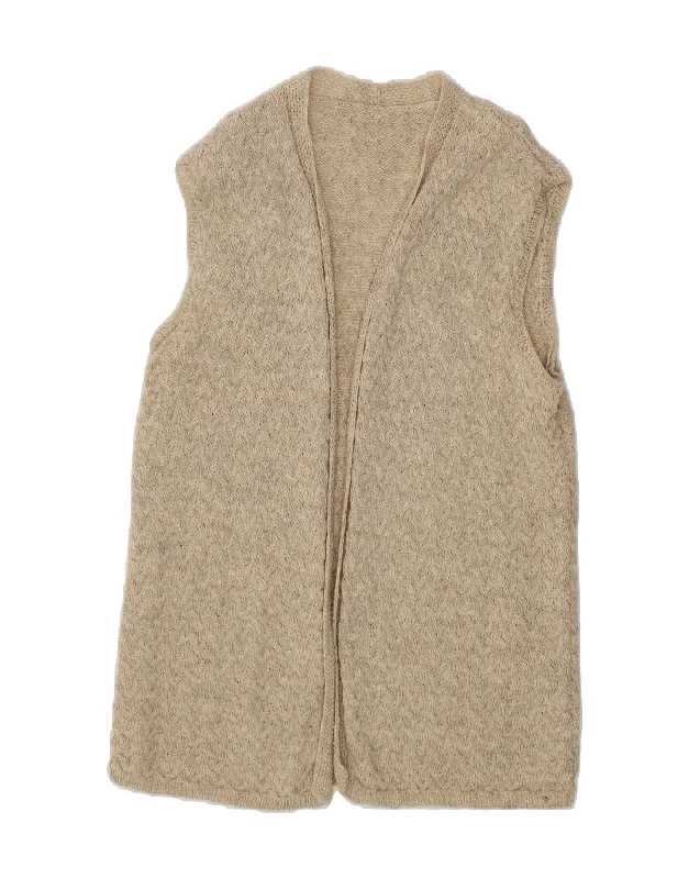 VINTAGE Womens Sleeveless Cardigan Sweater UK 14 Medium Beige Handmade Hand-knitted Hand-woven