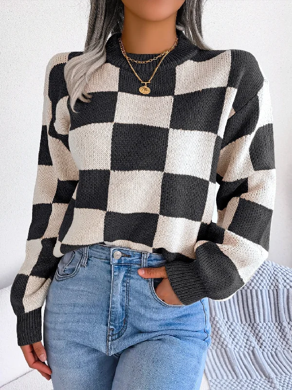 Checkered Mock Neck Long Sleeve Sweater Solid Color Striped Floral Print