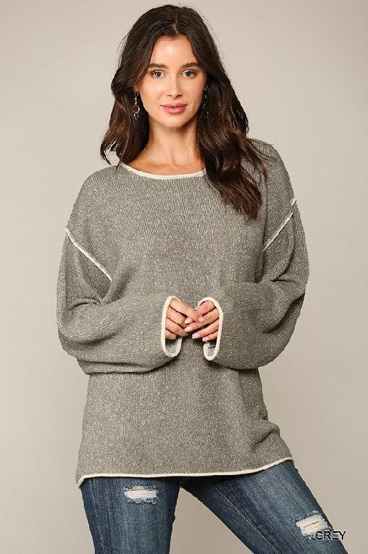Two-tone Sold Round Neck Sweater Top With Piping Detail Fitted Loose Oversized