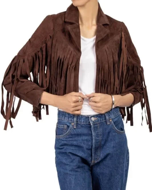 Women's Brown Lambskin Suede Leather Jacket with Fringe Detailing Belted Jacket Elasticated Jacket Padded Jacket Women's Brown Lambskin Suede Leather Jacket with Fringe Detailing Belted Jacket Elasticated Jacket Padded Jacket