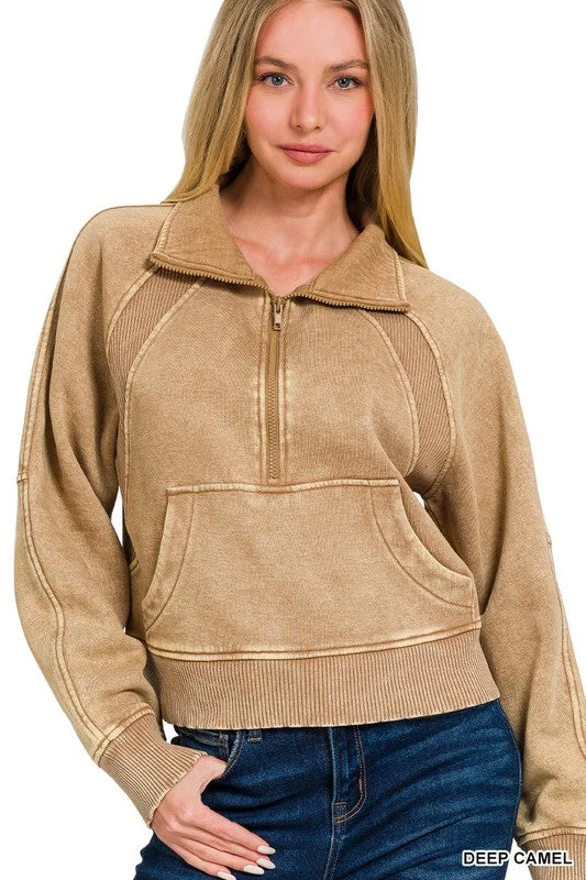 In Your Eyes Deep Camel Acid Washed Pullover (Size Medium) One Shoulder Top