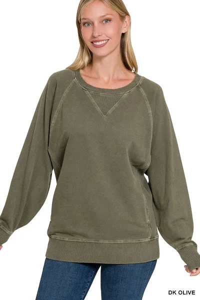 Dark Olive French Terry Pullover Asymmetrical Hem Sweater