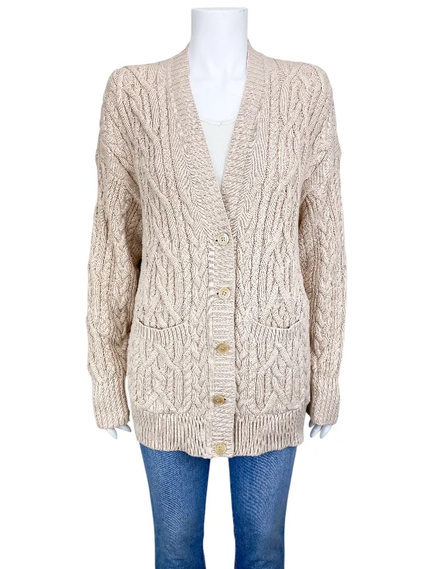 J. Crew Women's Cable Cardigan Sweater Toasted Cream Size L Patchwork Embroidered Appliqued J. Crew Women's Cable Cardigan Sweater Toasted Cream Size L Patchwork Embroidered Appliqued