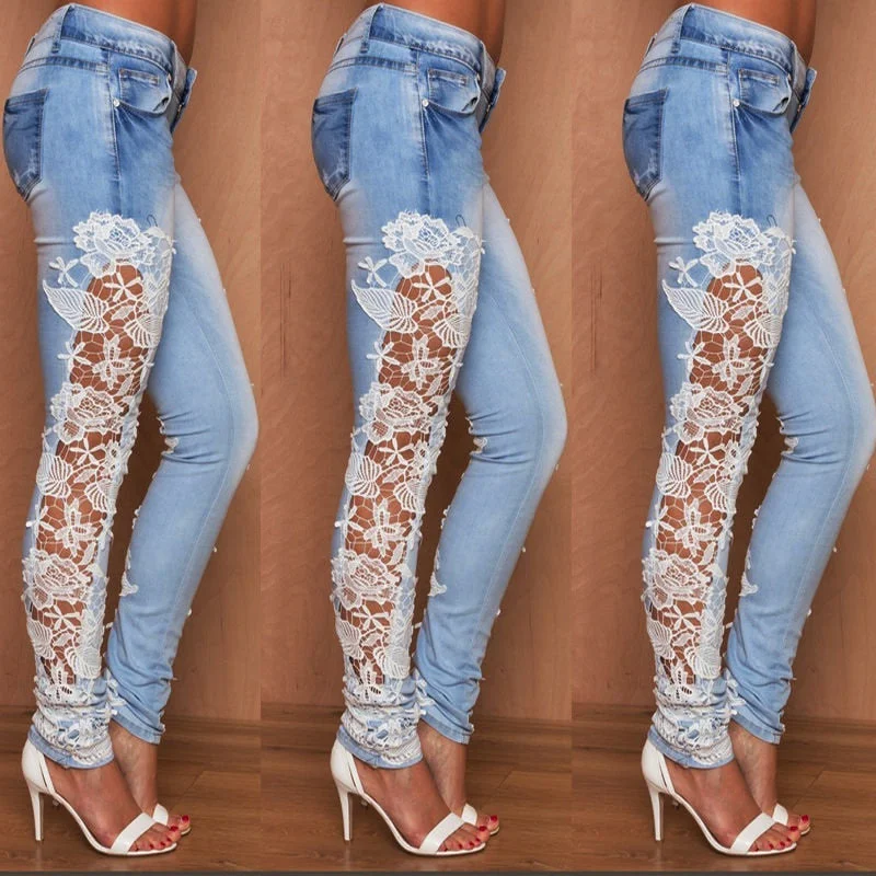 Women Stretch Lace Floral Side Spliced Denim Trousers Hollow Out Slim Pencil Pants Women Jeans Femme Pantalo Trousers Wedding White Women Stretch Lace Floral Side Spliced Denim Trousers Hollow Out Slim Pencil Pants Women Jeans Femme Pantalo Trousers Wedding White