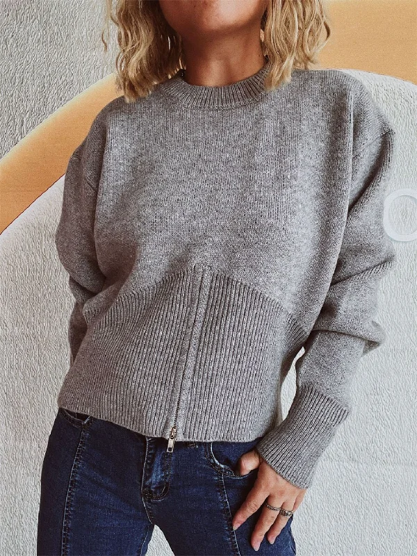 Hazel Blues® |  Round Neck Half Zip Long Sleeve Sweater Ribbed Striped Patterned