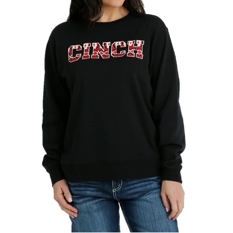 Cinch Ladies Black Logo Graphic Pullover MAK7905002 Ribbed Crew Neck