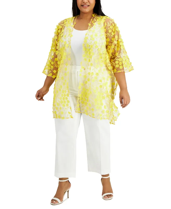 Anne Klein Plus Size Floral Embroidered Cardigan Solid Print Embellished