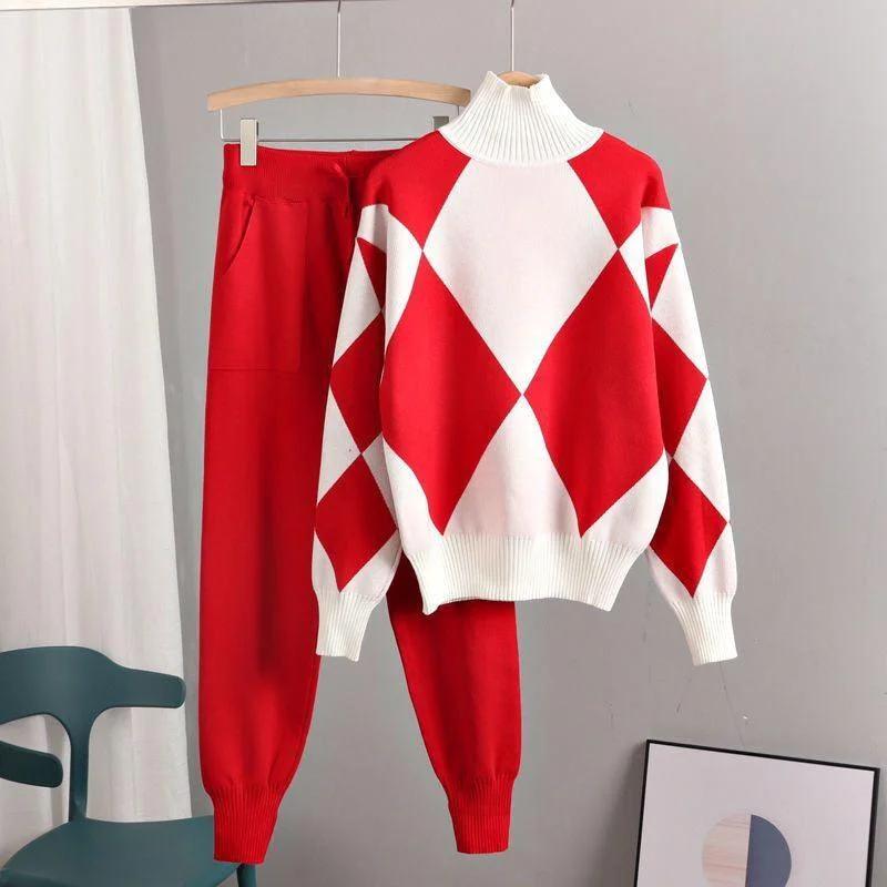 Women's sweater suits thick soft knitted sets pullovers +long Pant Casual 2PCS Track Suits Bell Sleeve Stylish