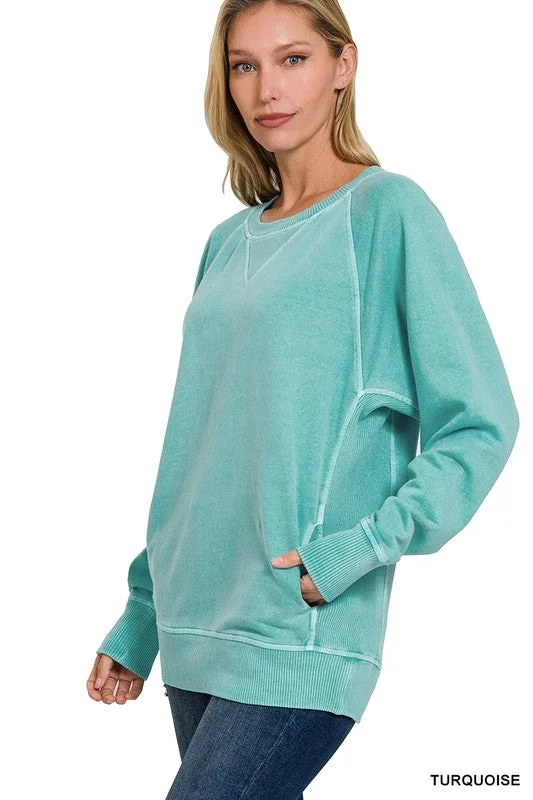 Casual Candor Turquoise French Terry Pocket Pullover Top (Size Small) Fitted Ribbed Sweater