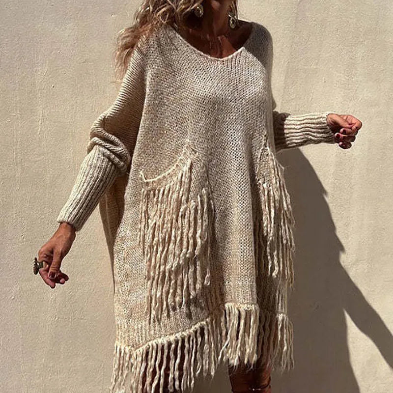 Autumn Women Solid Color Irregular Pullover Dress Fashion V Neck Long Sleeve Tassel Knitted Sweater Casual Loose Ladies Sweater dolman Sleeve Top