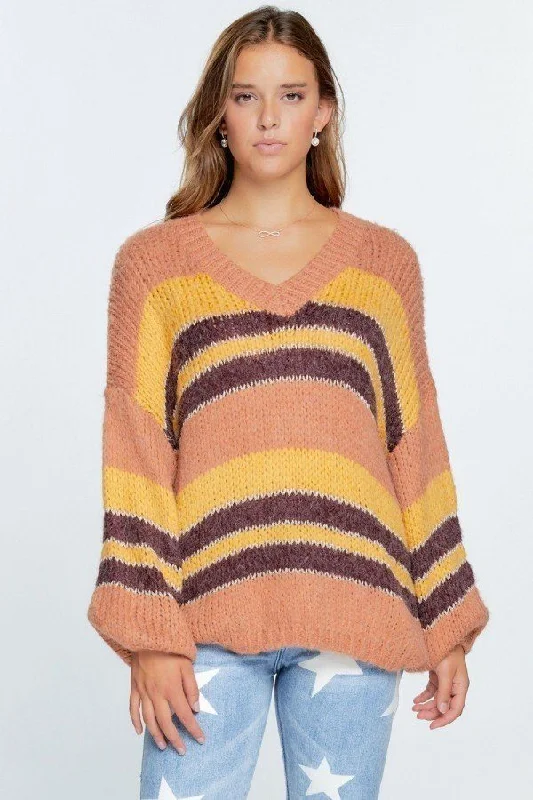 V-neck Cozy Thick Knit Stripe Pullover Sweater Open Front Closed Front Wrap Front