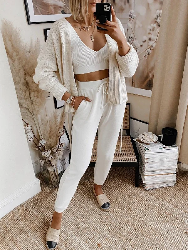 Casual Solid Color Knitted Cardigan Three-piece Suit Stylish Fashionable Trendy