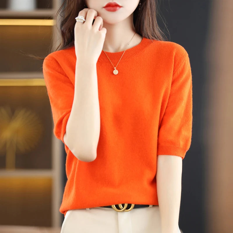 Spring and Summer New Short-sleeved Women O-neck Slim Wool Cotton Blend Pullover Vest T-shirt Knitted Base Sweater Lapel Neck Sweater