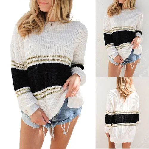 Womens Pullover Color Contrast Long Sleeved Sweater Oversized Cozy Pullover