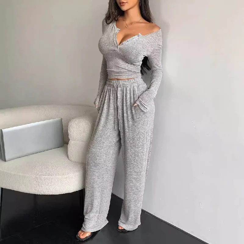 Women's Long-sleeved Button-up Solid Color Top And Trousers Two-piece Suit Trousers Travel Practical Women's Long-sleeved Button-up Solid Color Top And Trousers Two-piece Suit Trousers Travel Practical
