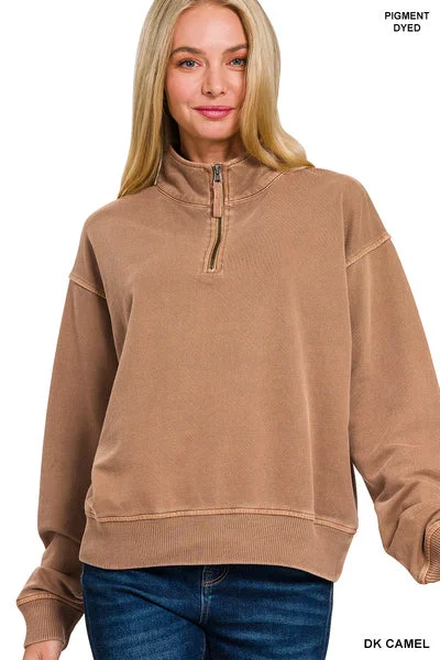 Camel Terry Zip Pullover Faux Fur Trim