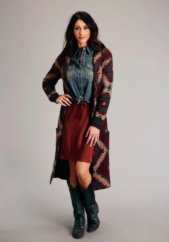 Stetson Womens Aztec Cardigan Wine Wool Blend Duster Sweater Thin Thick Dense
