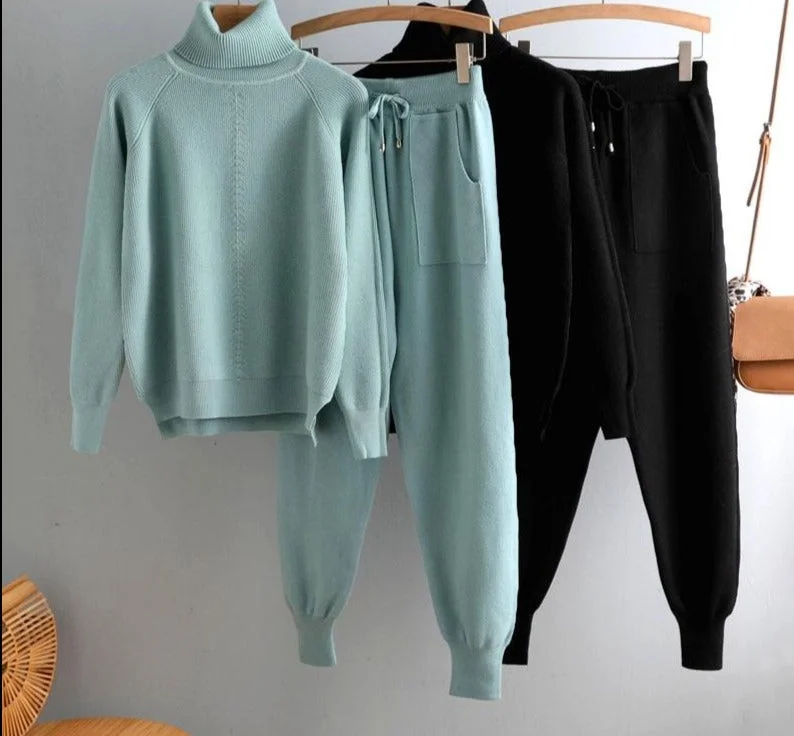 casual 2 Pieces sweater Set Women Knitted Turtleneck Sweater + loose Trousers CHIC Pullover Sweater+ Knitted  Carrot pants  Set Soft Wool Sweater