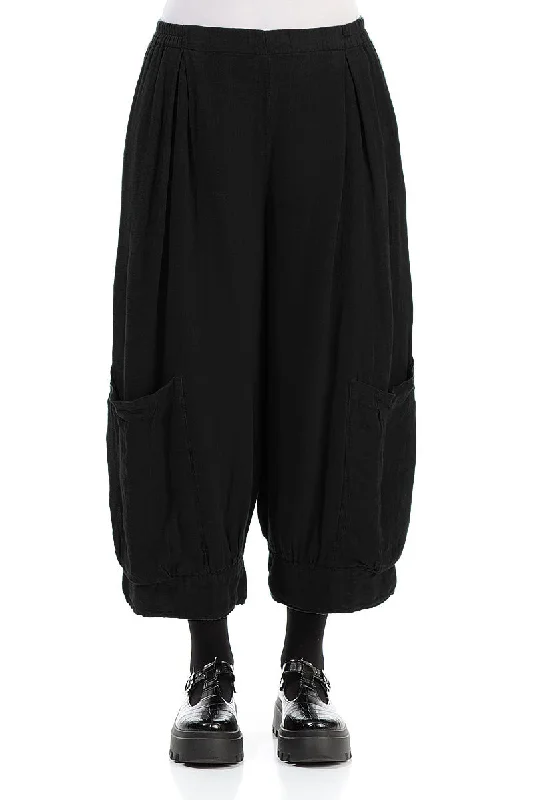 Wide Cropped Black Gauze Linen Trousers Trousers Modern Contemporary