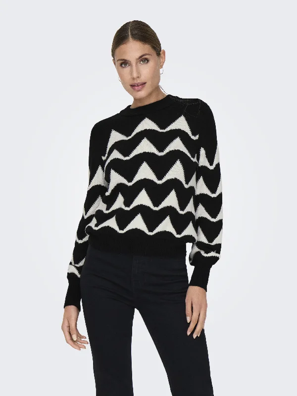 JDY Ladies Tina Long Sleeve Jacquard Pullover Knit-BLACK Lantern Sleeve Elegant