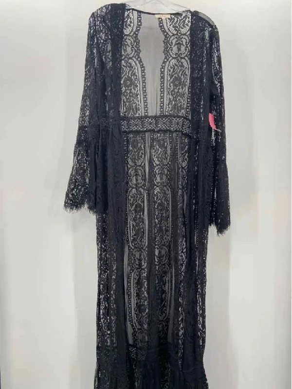 Pre-Owned In Bloom Black Size Large Lace Long Shawl Sweater Ribbed Striped Patterned