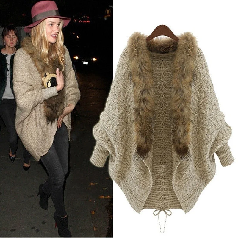 Winter Women Loose Fur Collar Sweater Batwing Sleeve Knit Cardigan Jacket Coat Patchwork Embroidered Appliqued Winter Women Loose Fur Collar Sweater Batwing Sleeve Knit Cardigan Jacket Coat Patchwork Embroidered Appliqued