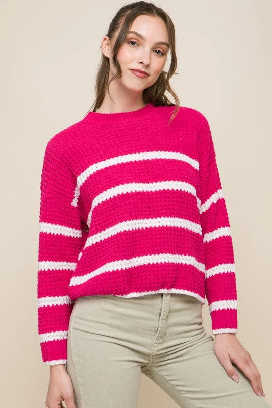 Striped Waffle Knit Long Sleeve Sweater Top Notch Collar Peter Pan Collar Cowl Neck