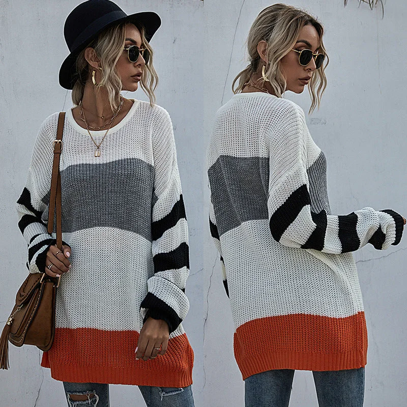 Chic Striped Knitted Sweater: Effortless Elegance Ribbed Striped Patterned