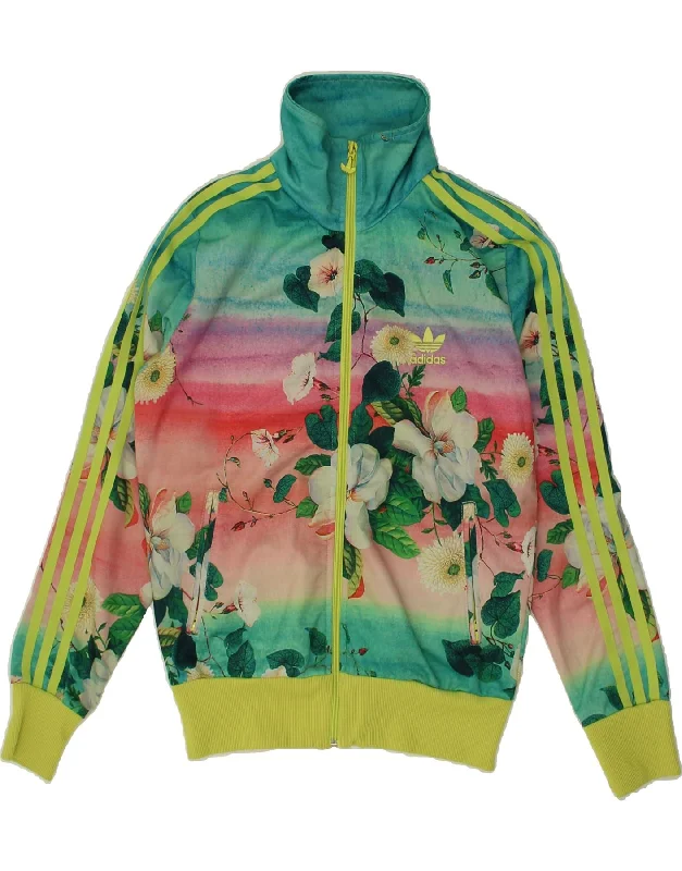 ADIDAS Womens Tracksuit Top Jacket UK 12 Medium Multicoloured Floral Faux Fur Fabric Real Fur Fabric Shearling Fabric