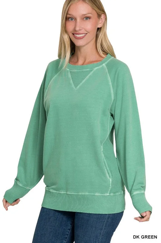 Casual Candor Dark Green French Terry Pocket Pullover Top Seamless Knit Pullover