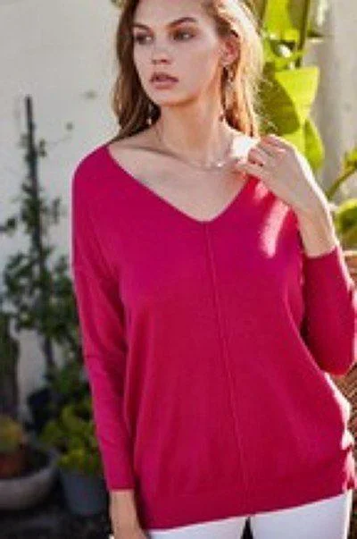 V Neck 3/4 Sleeve Side Slit Hi-lo Sweater Seamless Knitted Crochet