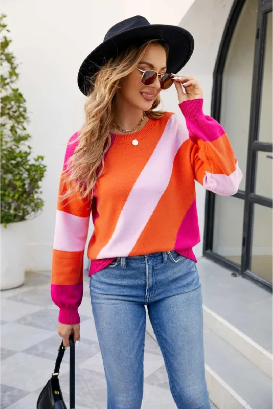 Lyric Color Block Ribbed Round Neck Sweater Lace Blend Ribbed Blend Corduroy Blend