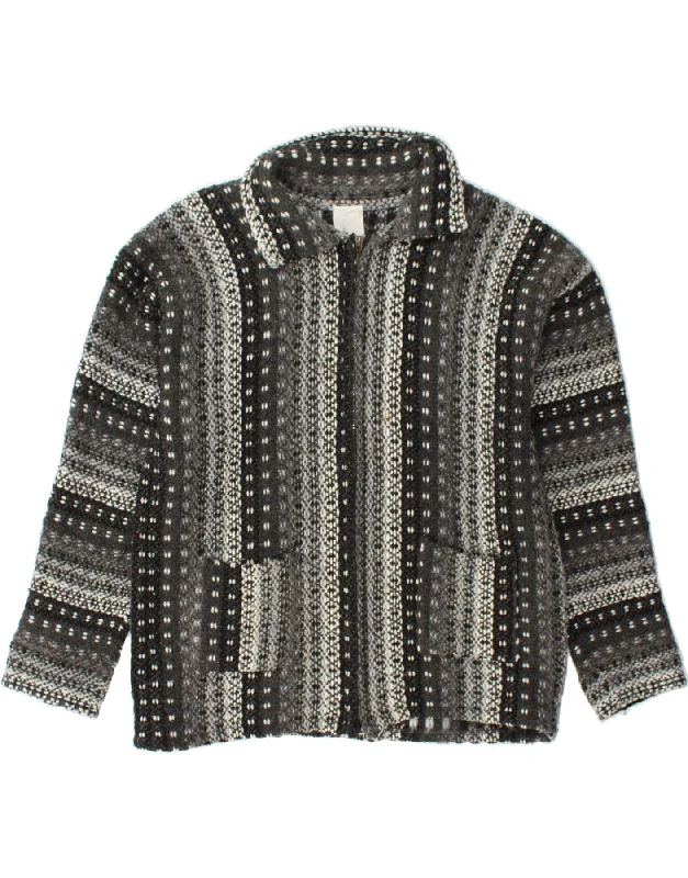 VINTAGE Womens Cardigan Sweater UK 18 XL Grey Striped Wool Beaded Cardigan Sequined Faux Fur