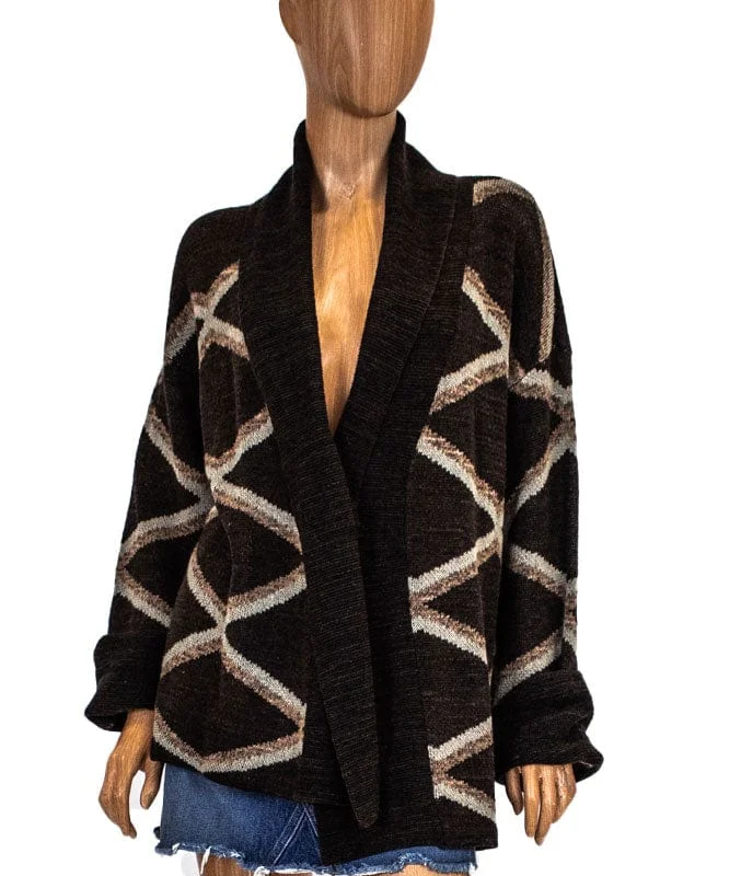 Brown Open Front Cardigan Silk Blend Satin Velvet