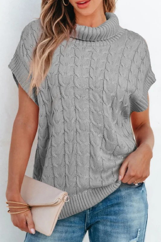 Cable Knit Turtleneck Short Sleeve Sweater Fleece Fabric Down Fabric Feather Fabric