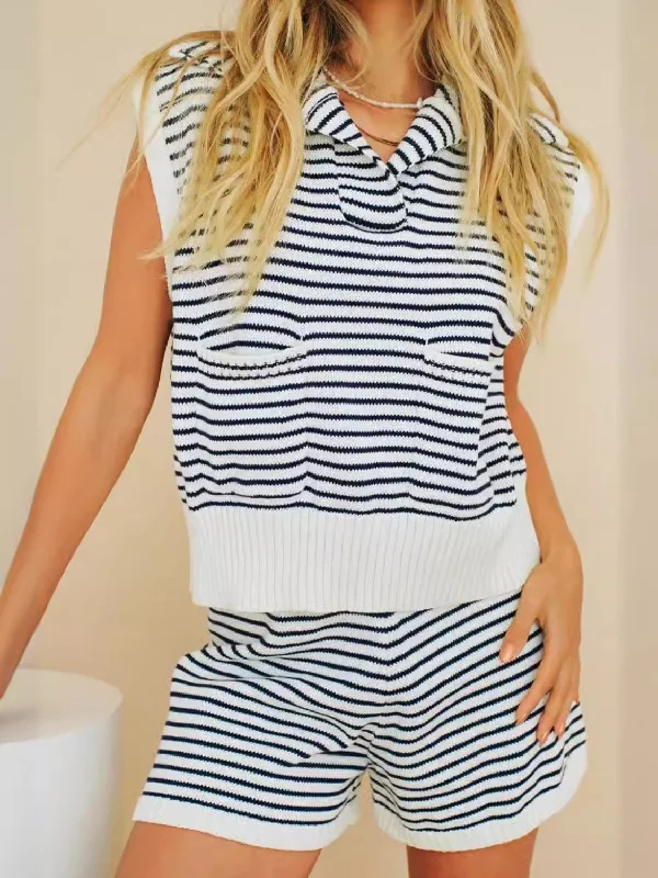 Katrina Striped Cap Sleeve Top and Shorts Sweater Set Ribbed Striped Patterned