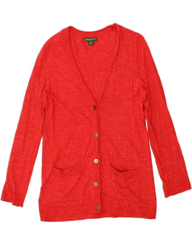 EDDIE BAUER Womens Cardigan Sweater UK 16 Large Red Cotton Patchwork Embroidered Appliqued