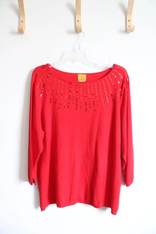 Ruby Rd. Red Sequined Sweater | 2X Hooded Caped Shawl Collar