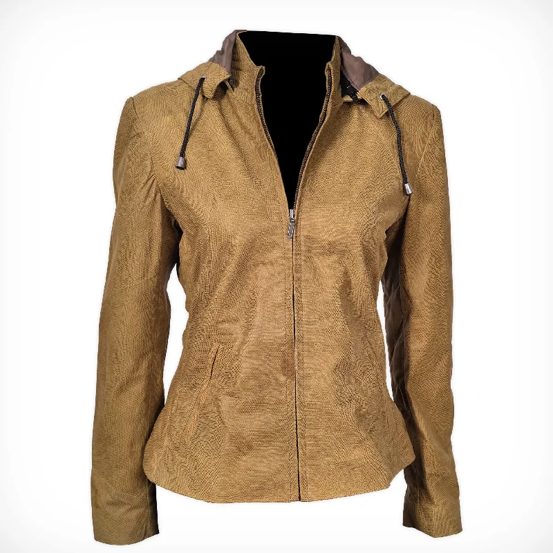 Women's Classy Fit Yellow Hooded Leather Jacket Stand-Up Collar Roll-Neck Collar Turtle Neck Women's Classy Fit Yellow Hooded Leather Jacket Stand-Up Collar Roll-Neck Collar Turtle Neck