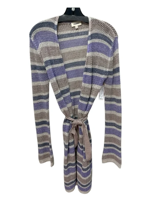 L'agence Size XS Cream, Purple & Brown Rayon Blend Metallic Thread Knit Cardigan Boat Neck Shawl Collar Notched Collar