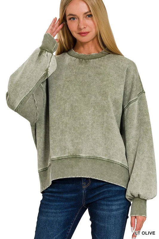 Movies And Chill Light Olive Acid Washed Pullover (Size Small) Button Front Sweater