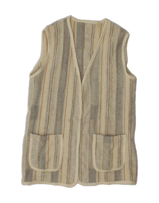 VINTAGE Womens Sleeveless Cardigan Sweater UK 16 Large Off White Striped Cashmere Blend Cotton Blend Poly Blend VINTAGE Womens Sleeveless Cardigan Sweater UK 16 Large Off White Striped Cashmere Blend Cotton Blend Poly Blend