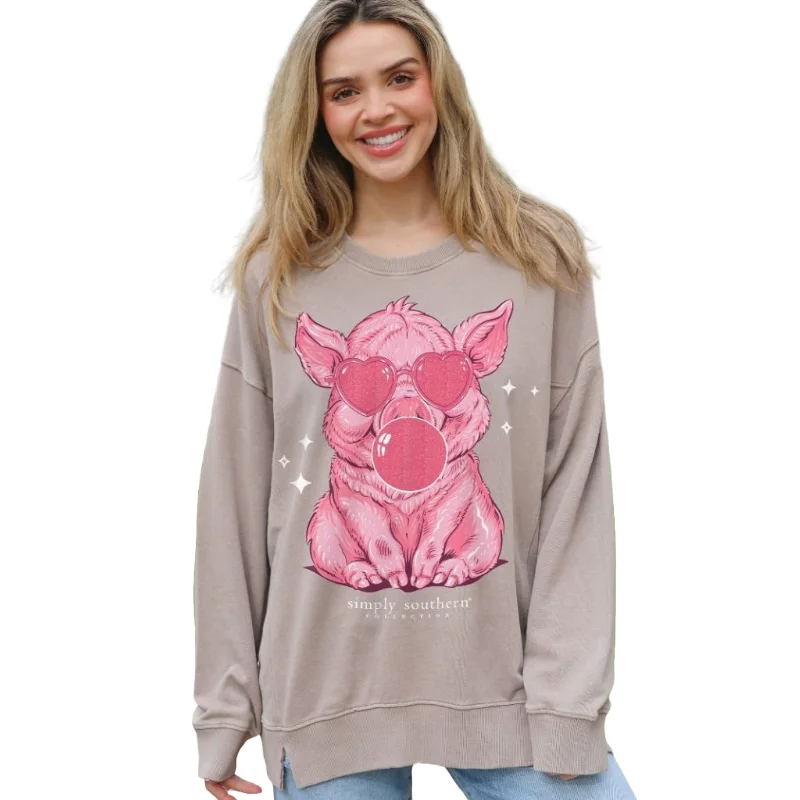 Simply Southern Ladies Bubblegum Blowing Pig Graphic Sepia Pullover SWT-PIG-SEPIA Puff Sleeve Stylish