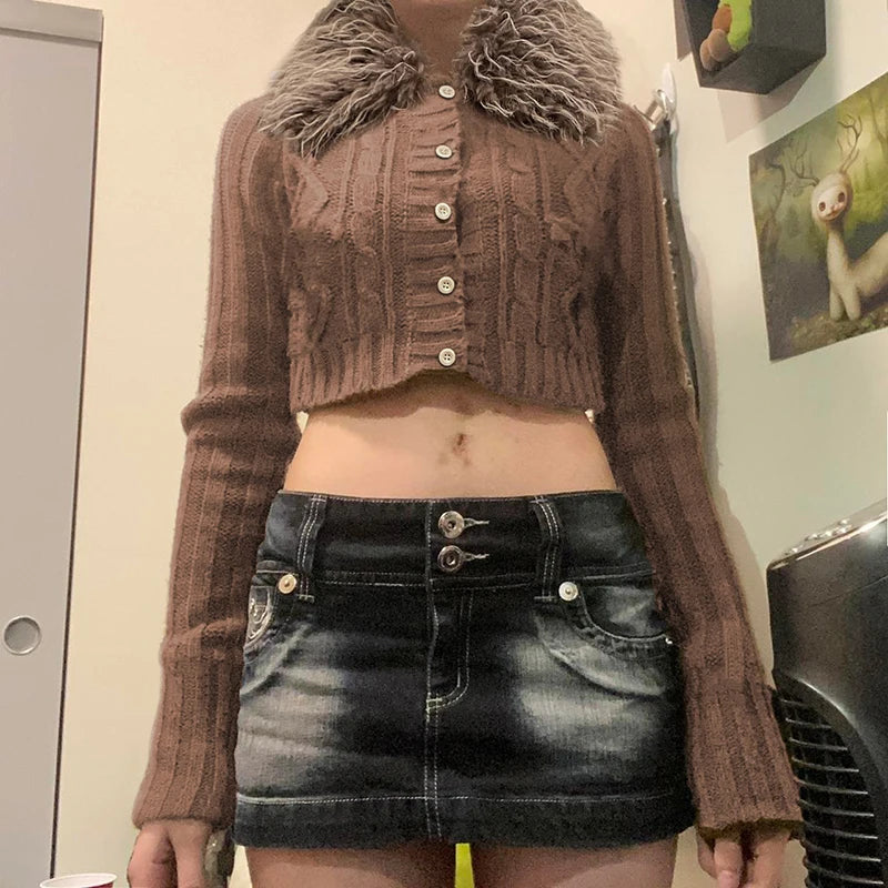 TAVIMART  -  Y2K Brown Buttons Crop Sweater with Detachable Fur Collar Autumn Vintage 2000s Knitted Cardigan Slim Winter Outfits Chenille Brocade Lace