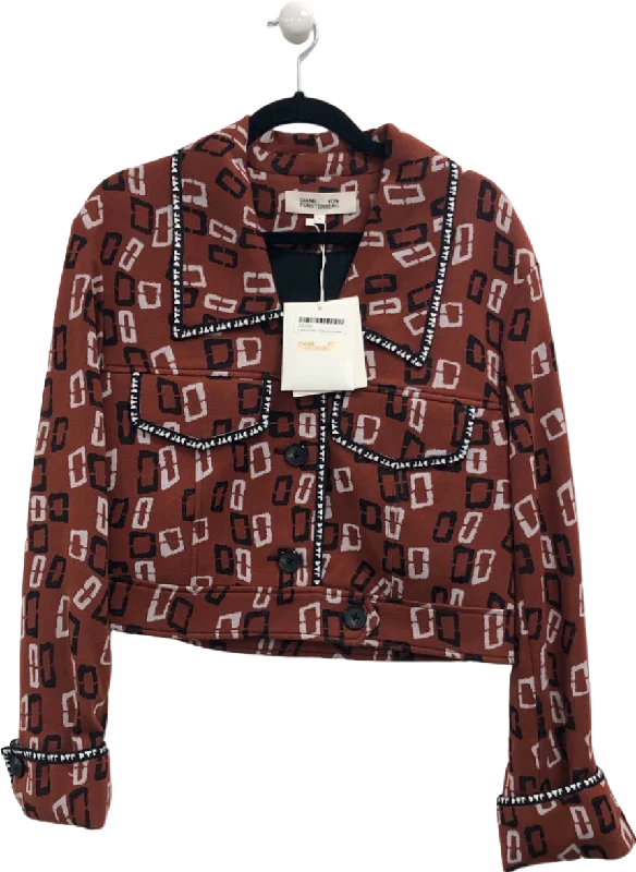 Diane Von Furstenberg Brown Patterned Cropped Jacket UK M Notch Collar Jacket Peter Pan Collar Jacket Cowl Neck Jacket