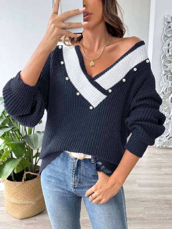 Dollie Contrast Trim Dropped Shoulder Long Sleeve Sweater Modern Contemporary Chic