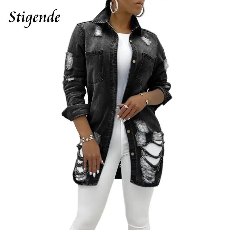 Women Sexy Ripped Hole Button Denim Jacket Lapel Neck Pocket Jean Coat Full Sleeve Turn Down Collar Spring Autumn Long Tops S3671641 Hoodie Zip-Up Jacket Button-Up Jacket Women Sexy Ripped Hole Button Denim Jacket Lapel Neck Pocket Jean Coat Full Sleeve Turn Down Collar Spring Autumn Long Tops S3671641 Hoodie Zip-Up Jacket Button-Up Jacket